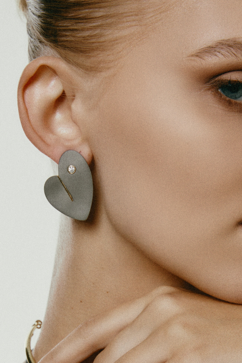 Wrong Heart Earrings in Titanium and Yellow Gold