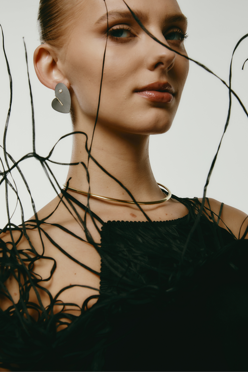 Wrong Heart Earrings in Titanium and Yellow Gold