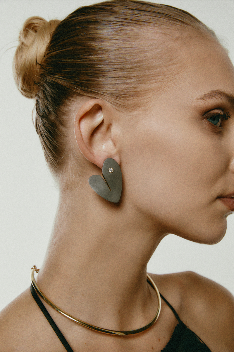 Wrong Heart Earrings in Titanium and Yellow Gold
