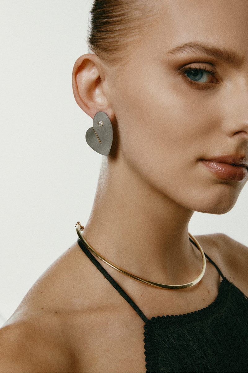 Wrong Heart Earrings in Titanium and Yellow Gold
