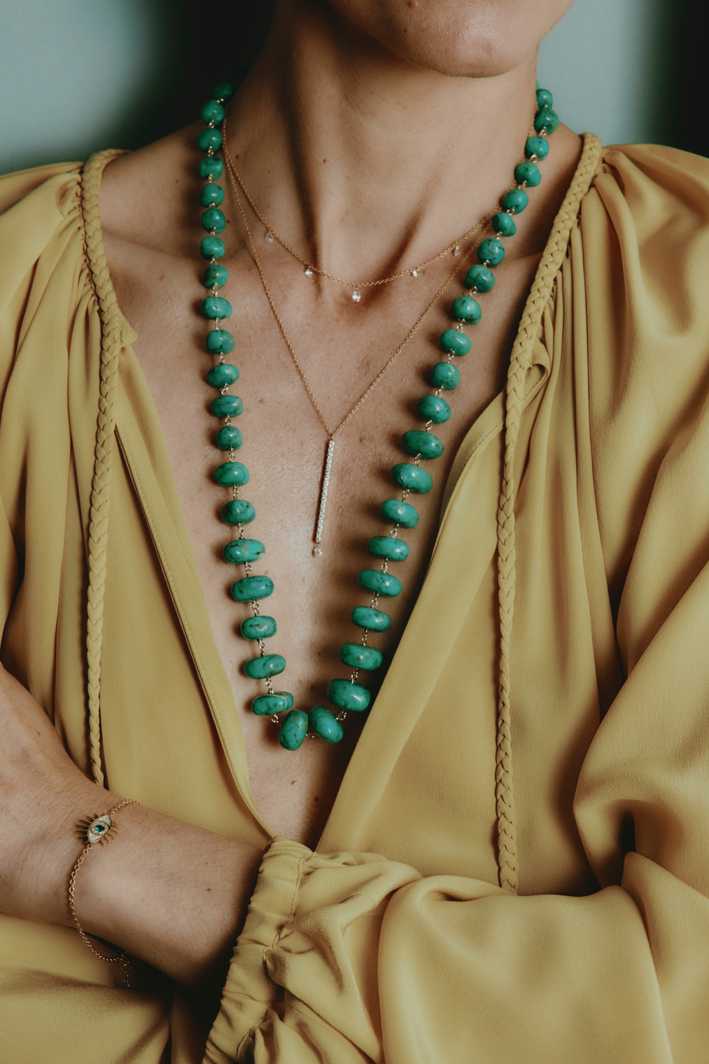Collana di turchese verde dell'Amazzonia e Oro Giallo