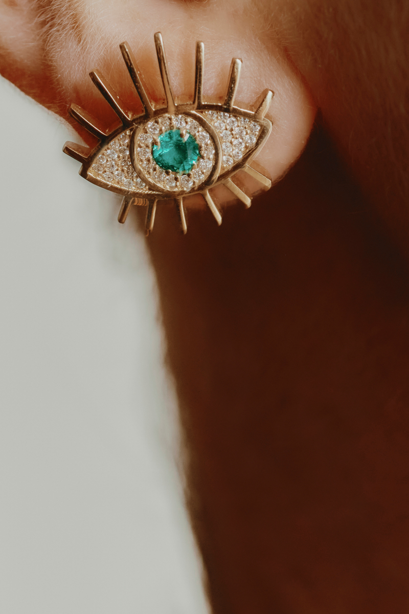 Yellow Gold Emerald Eye Earrings