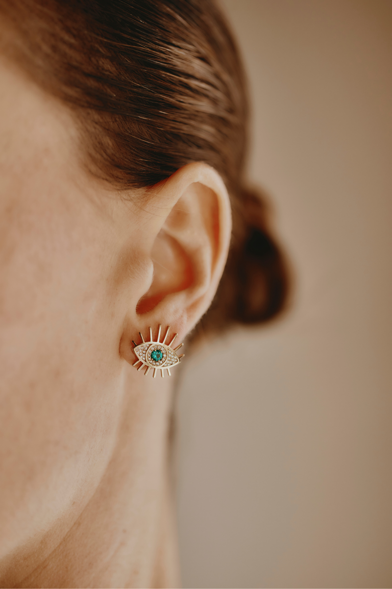 Yellow Gold Emerald Eye Earrings