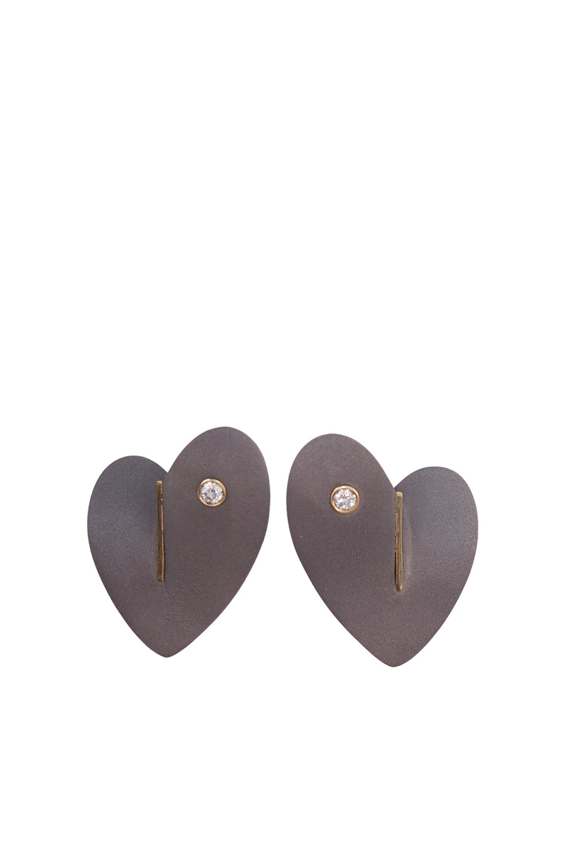 Wrong Heart Earrings in Titanium and Yellow Gold