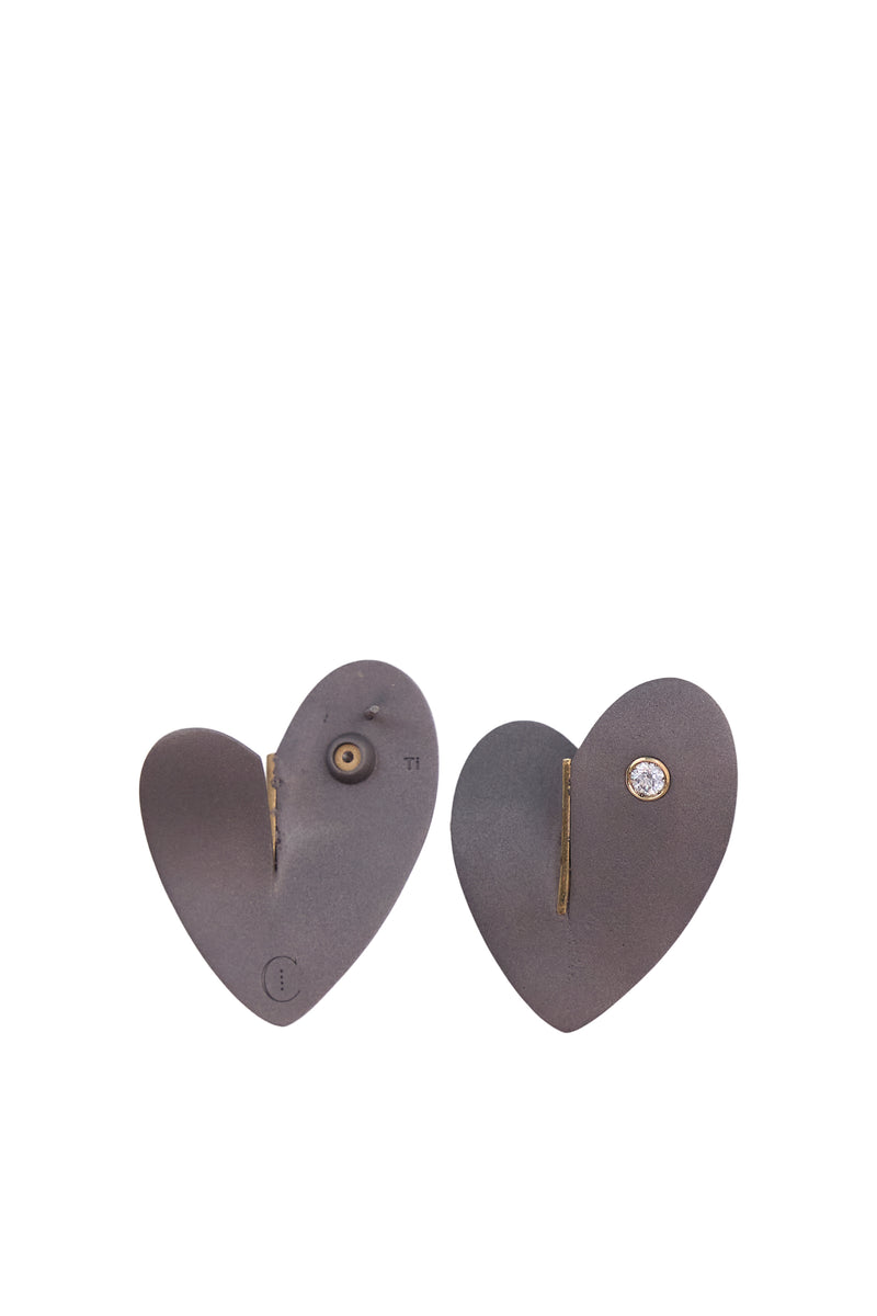 Wrong Heart Earrings in Titanium and Yellow Gold